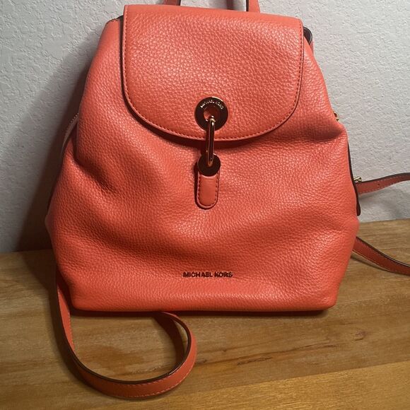 NWT Michael Kors RAVEN LEATHER BACKPACK Pink Grapefruit Peach Purse Spring - Picture 4 of 13